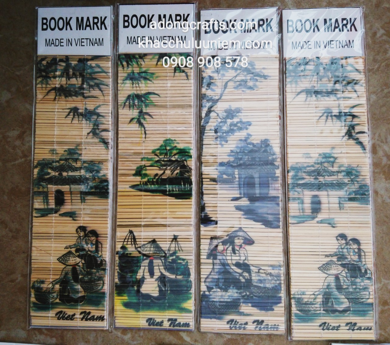 Bamboo Bookmark mành tre in hình phong cảnh làng quê cô gái Việt Nam