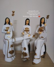 Bộ tượng 3 cô gái Áo dài hoa sen trắng ngồi đánh nhạc cụ Việt Nam