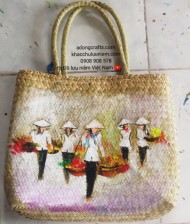 Túi cói vẽ hình cô gáI Việt Nam gánh hoa