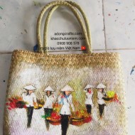 Túi cói vẽ hình cô gáI Việt Nam gánh hoa